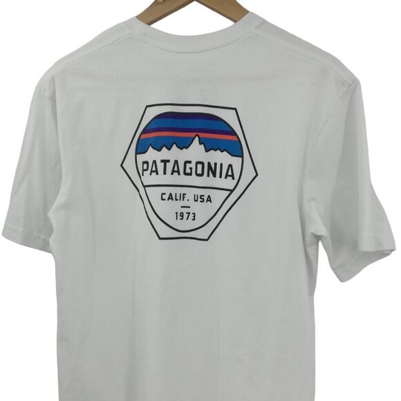 Patagonia Mens Responsibili-tee Short Sleeve Logo TShirt Size S White Roy Hex - Picture 1 of 9